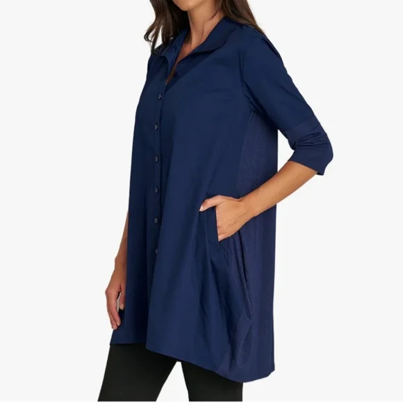 Stella Carakasi (Size S) Navy Blue 100% Hemp Button Down Front Tiburon Tunic Top - Picture 14 of 15